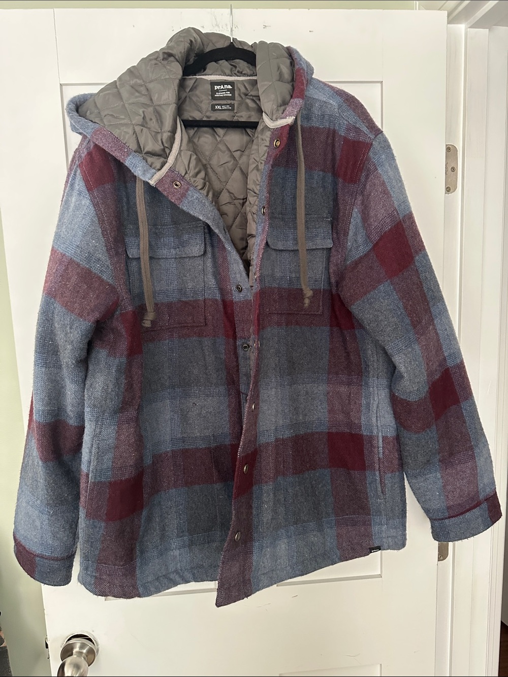 Prana Quilted Hooded Plaid Shirt Jacket - Blue & Burgundy 05